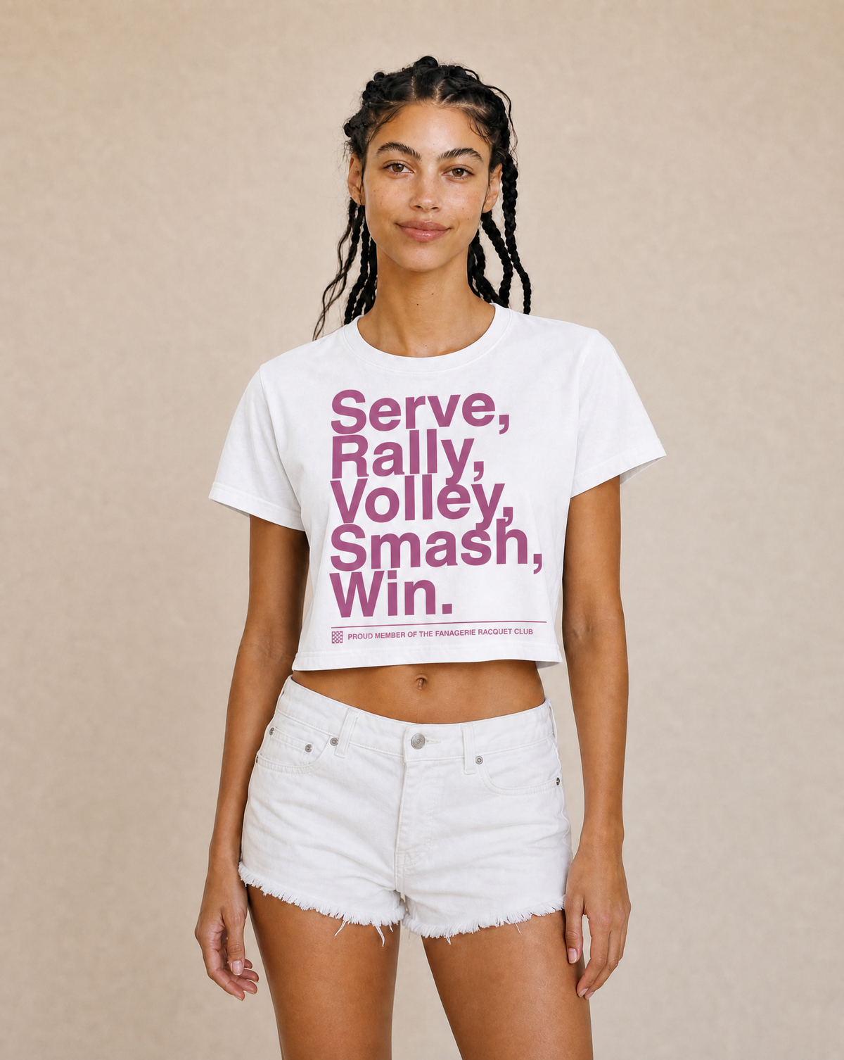 Front on-model view of the Naomi Osaka Serve and Win cropped tee in White.