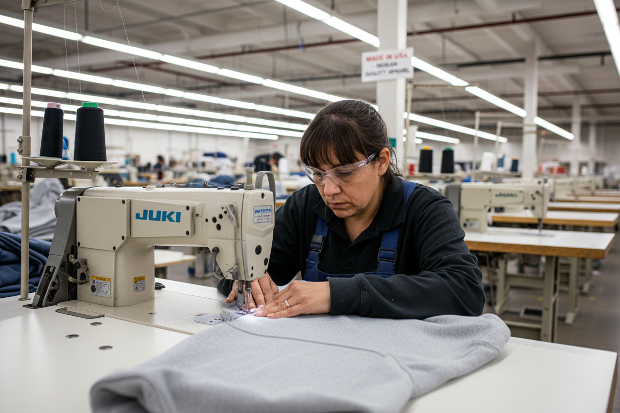 A Skilled USA laborer in a clothing factory focused on sewing a hoodie at a Juki sewing machine.